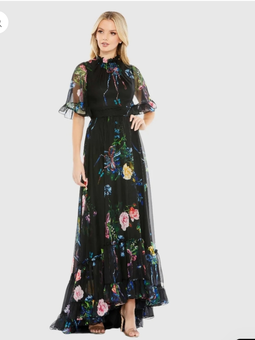 Mac Duggal 14 Black Floral Ruffled High Neck Flutter Sleeve Wedding Guest Gown